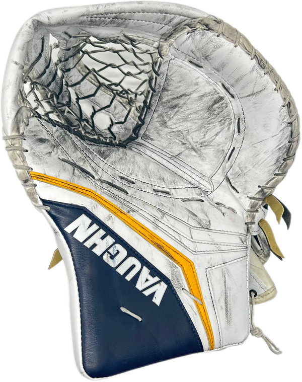 Vaughn Velocity V10 - Used Pro Stock Goalie Glove (White/Navy/Yellow) #2