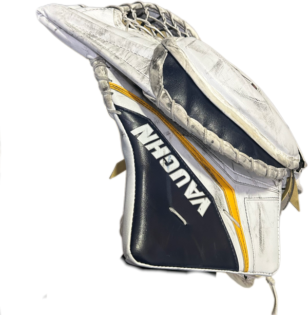 Vaughn Velocity V10 - Used Pro Stock Goalie Glove (White/Navy/Yellow) #2